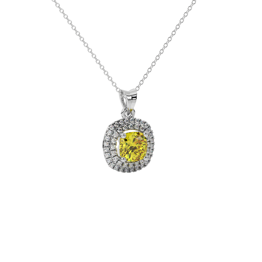 Yellow cushion cut gemstone double halo pendant in rose gold