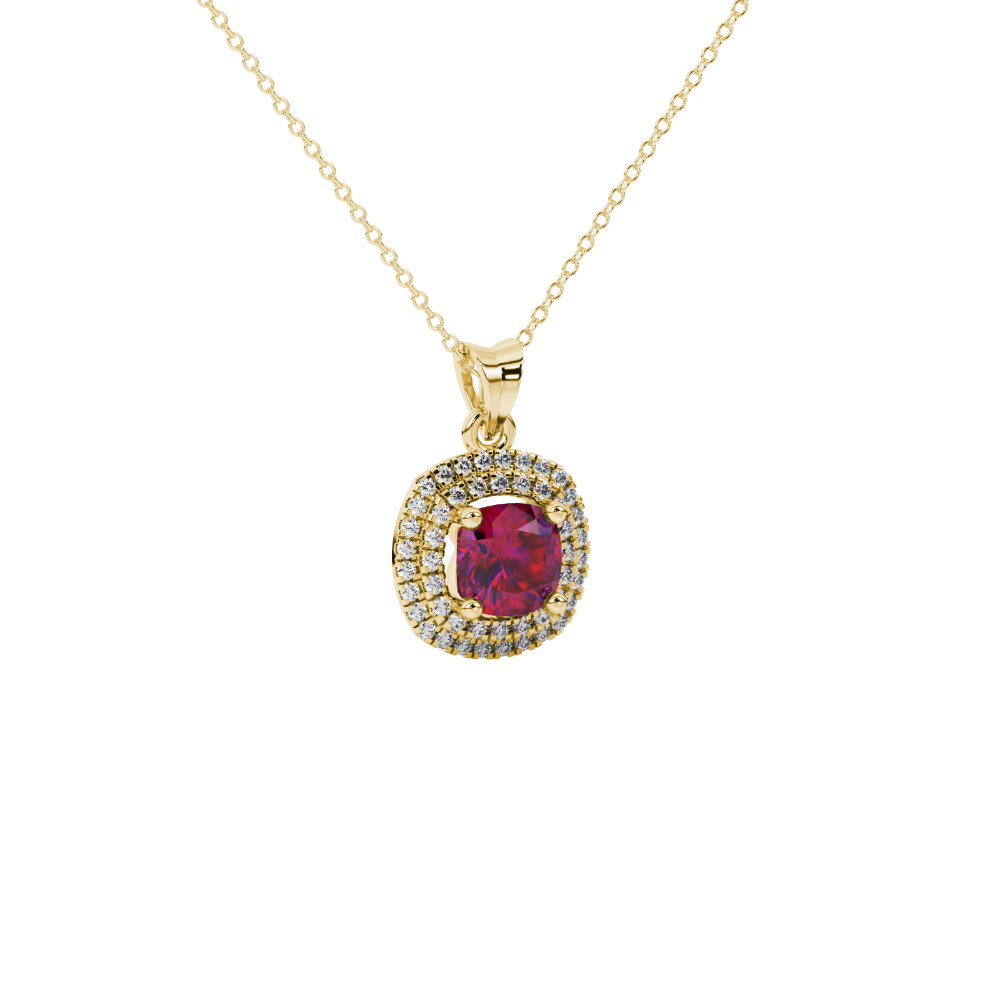 Red cushion cut gemstone double halo pendant in rose gold