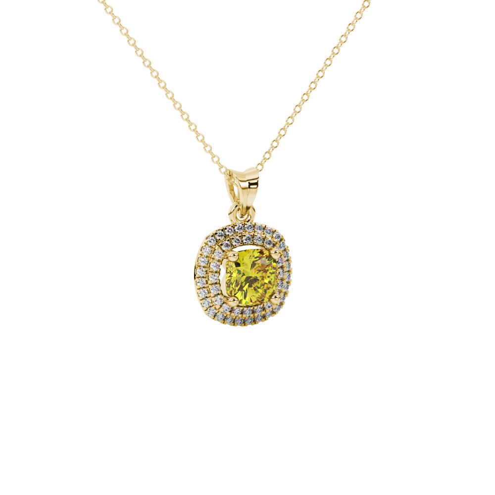Yellow cushion cut gemstone double halo pendant in rose gold