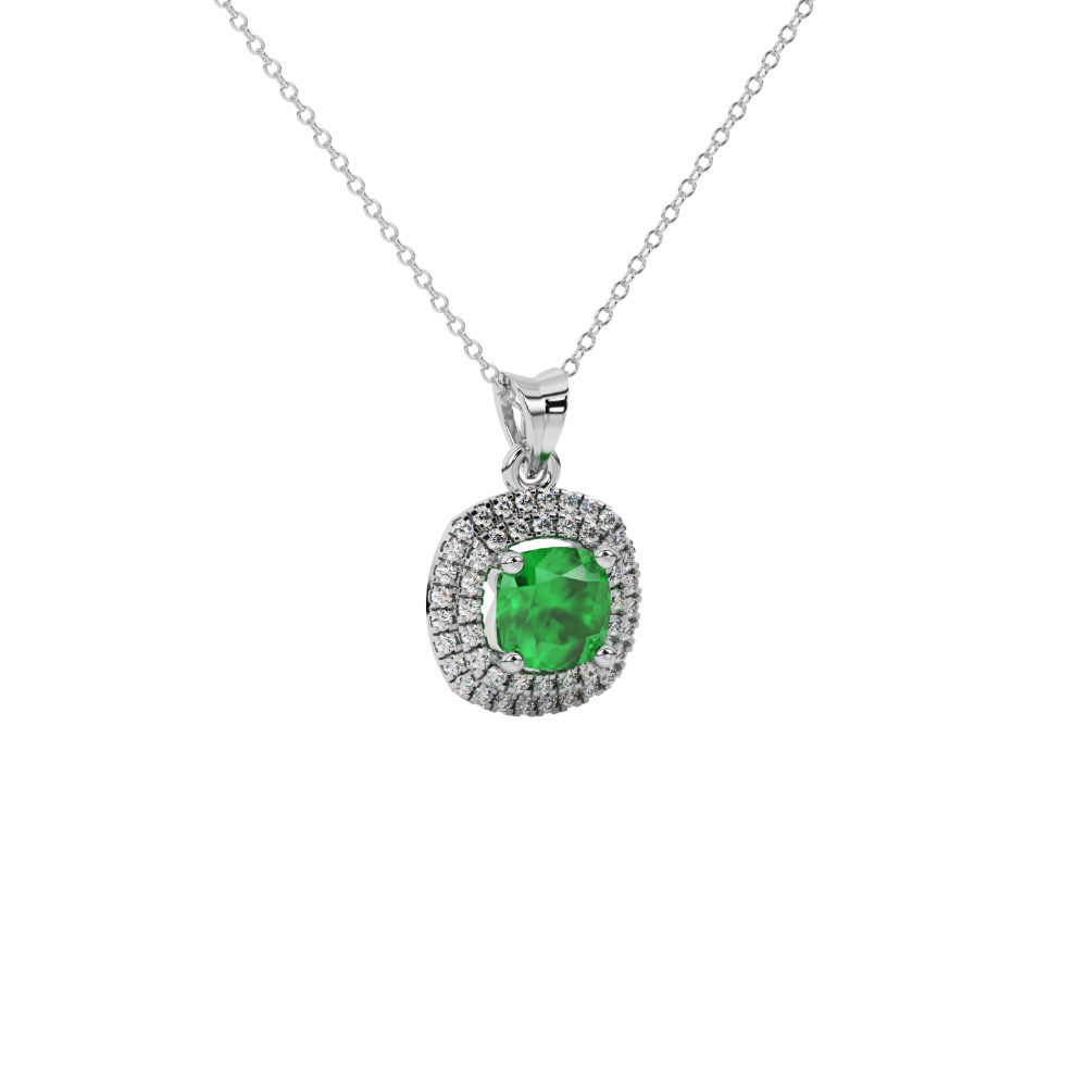 Green cushion cut gemstone double halo pendant in rose gold