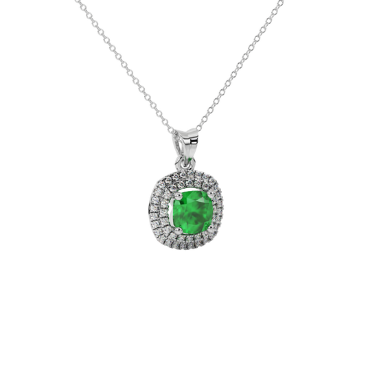raspberry red gemstone double halo pendant in white gold
