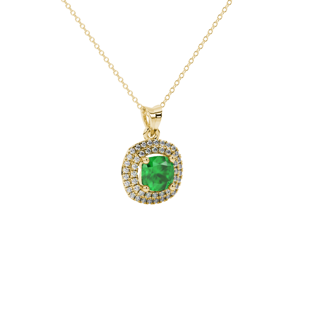 Green cushion cut gemstone double halo pendant in rose gold