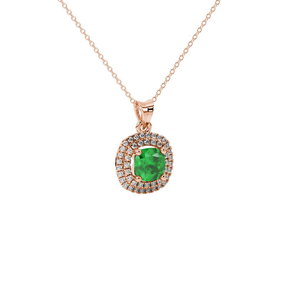 Green cushion cut gemstone double halo pendant in rose gold