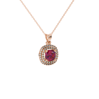 Red cushion cut gemstone double halo pendant in rose gold