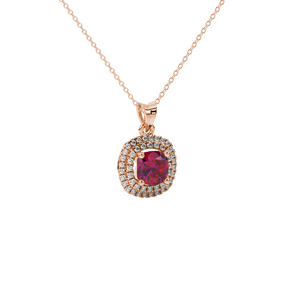 Red cushion cut gemstone double halo pendant in rose gold