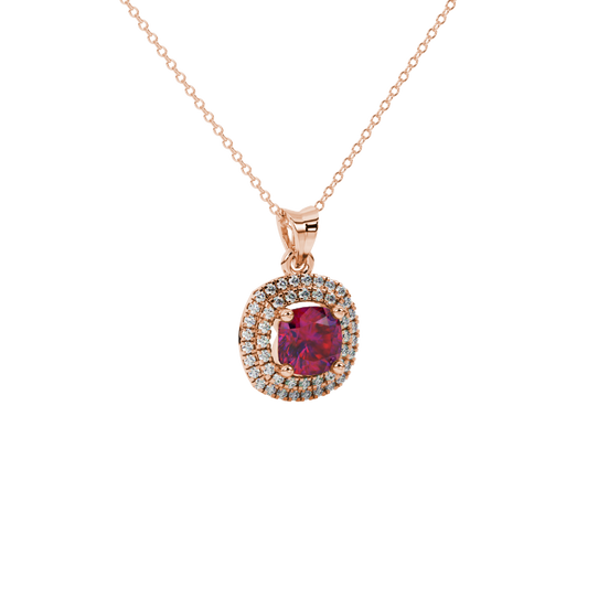 Red cushion cut gemstone double halo pendant in rose gold