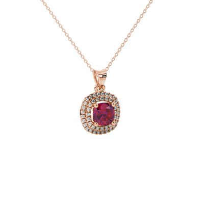 Red cushion cut gemstone double halo pendant in rose gold