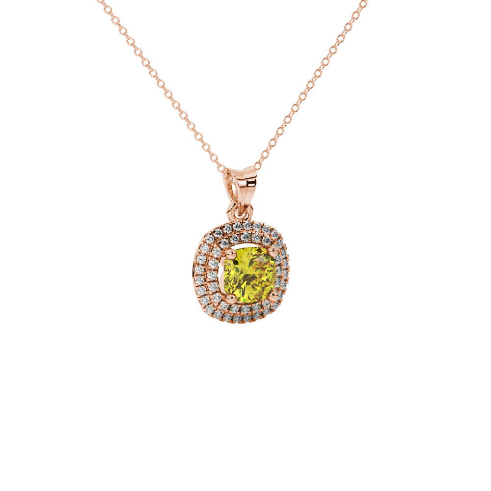 Yellow cushion cut gemstone double halo pendant in rose gold