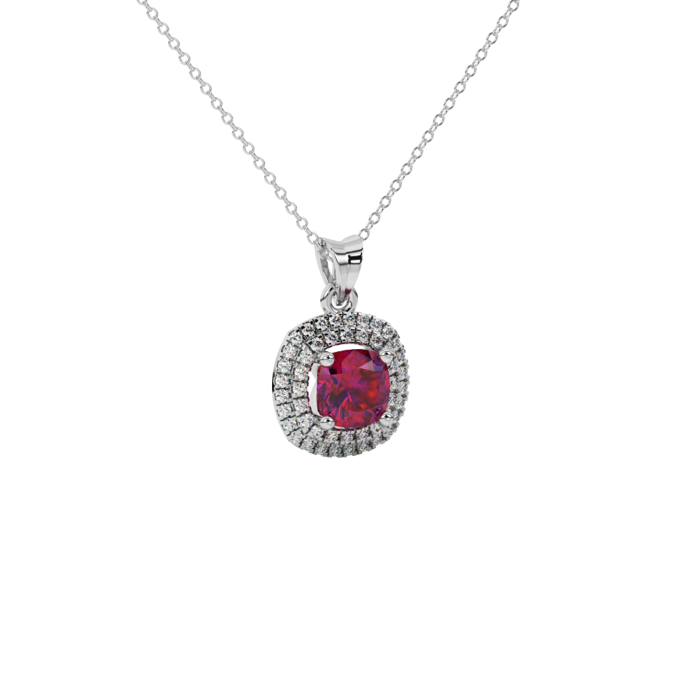 Red cushion cut gemstone double halo pendant in rose gold