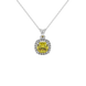 Yellow cushion cut gemstone halo pendant with diamond accents in gold