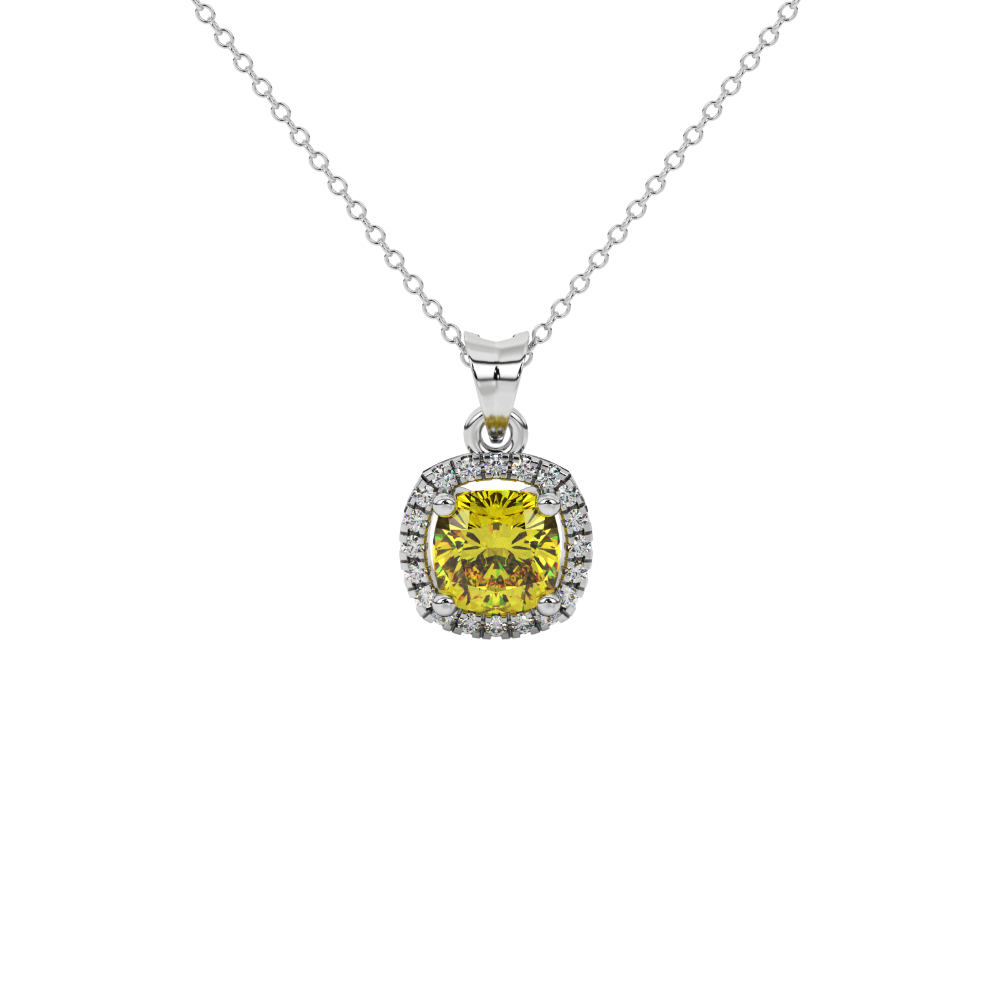Yellow cushion cut gemstone halo pendant with diamond accents in gold