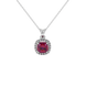 Red cushion cut gemstone halo pendant with diamond accents in gold