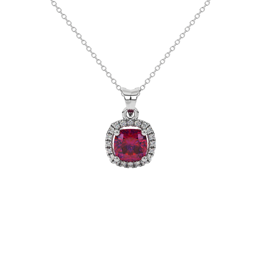 Red cushion cut gemstone halo pendant with diamond accents in gold