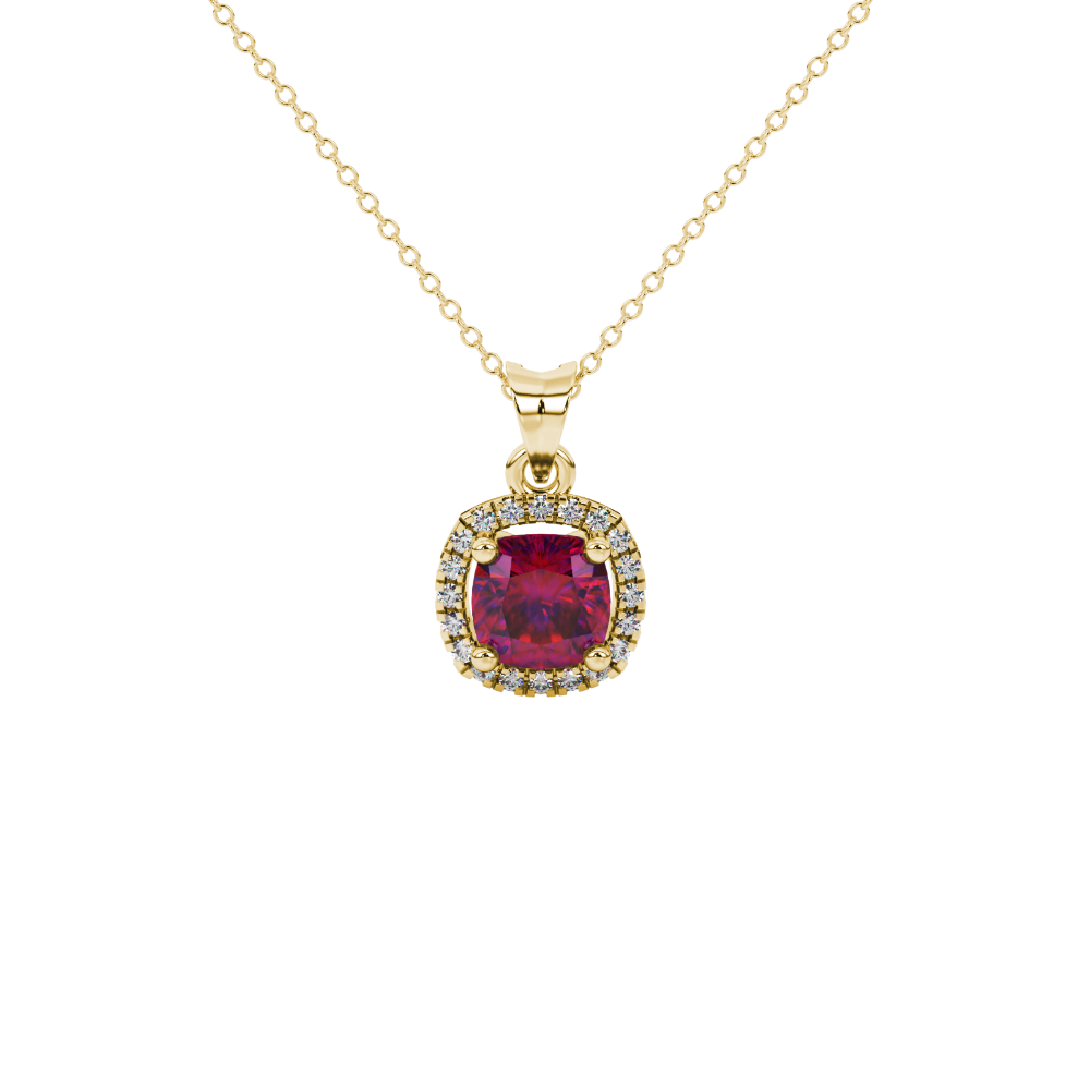 Red cushion cut gemstone halo pendant with diamond accents in gold