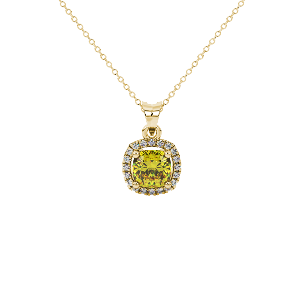 Yellow cushion cut gemstone halo pendant with diamond accents in gold