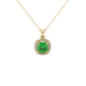 Green cushion cut gemstone halo pendant with diamond accents in gold