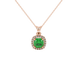 Green cushion cut gemstone halo pendant with diamond accents in gold