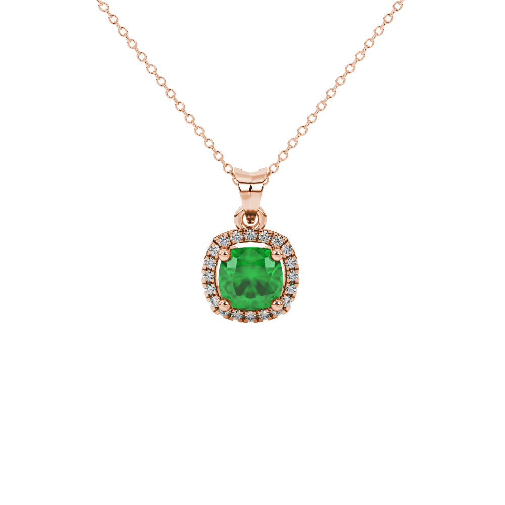 Green cushion cut gemstone halo pendant with diamond accents in gold