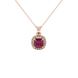 Red cushion cut gemstone halo pendant with diamond accents in gold