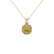 Yellow cushion cut gemstone halo pendant with diamond accents in gold