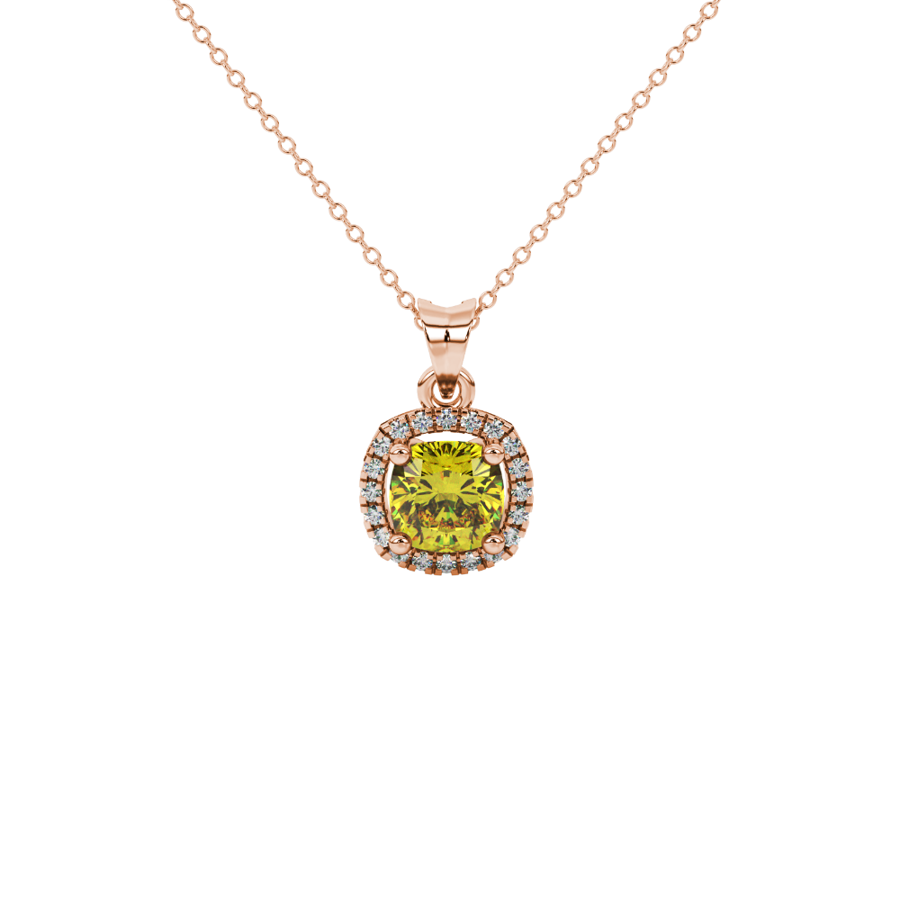 Yellow cushion cut gemstone halo pendant with diamond accents in gold