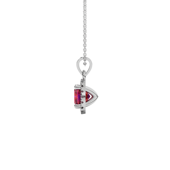 raspberry red gemstone halo pendant in white gold
