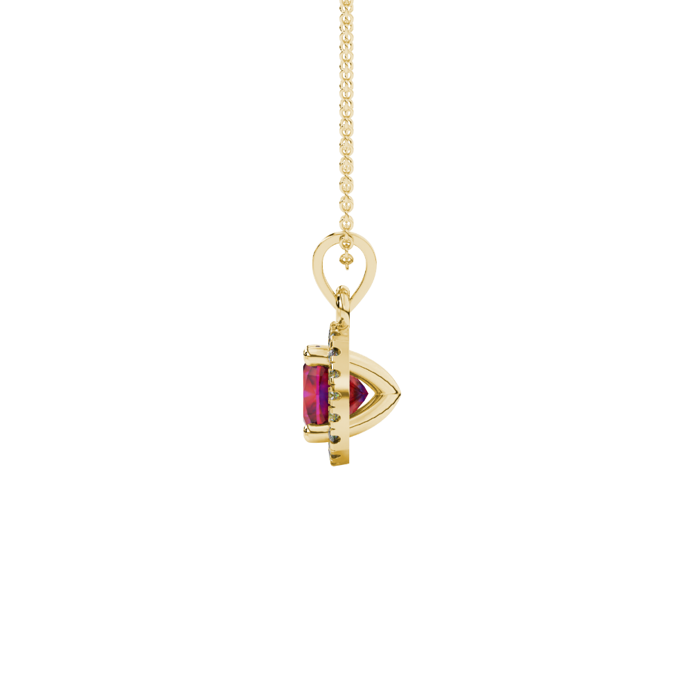 Red cushion cut gemstone halo pendant with diamond accents in gold