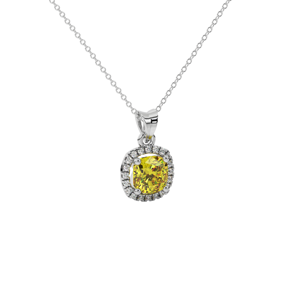 Yellow cushion cut gemstone halo pendant with diamond accents in gold