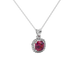 Red cushion cut gemstone halo pendant with diamond accents in gold