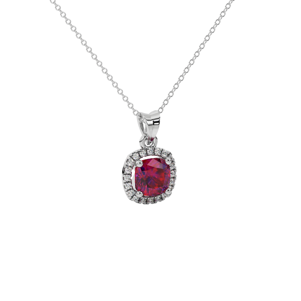 Red cushion cut gemstone halo pendant with diamond accents in gold