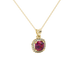 Red cushion cut gemstone halo pendant with diamond accents in gold