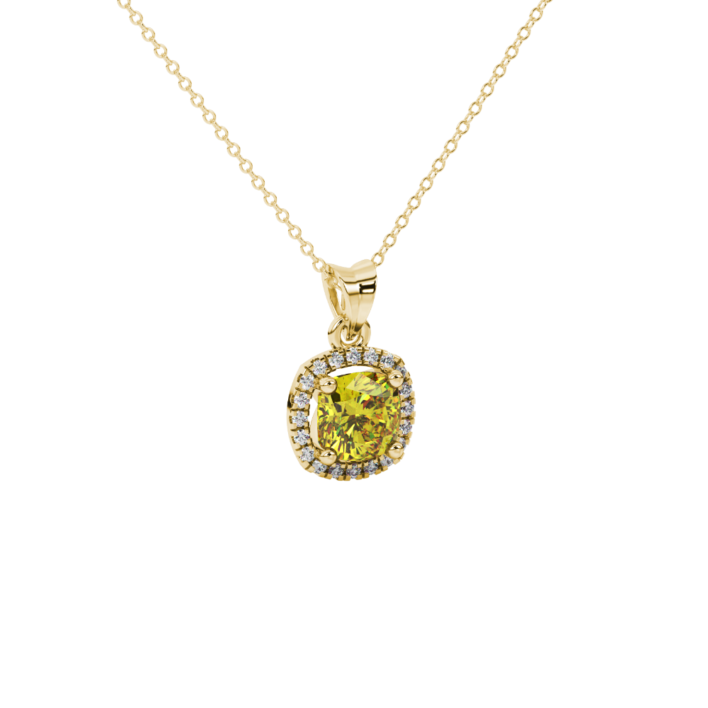 Yellow cushion cut gemstone halo pendant with diamond accents in gold