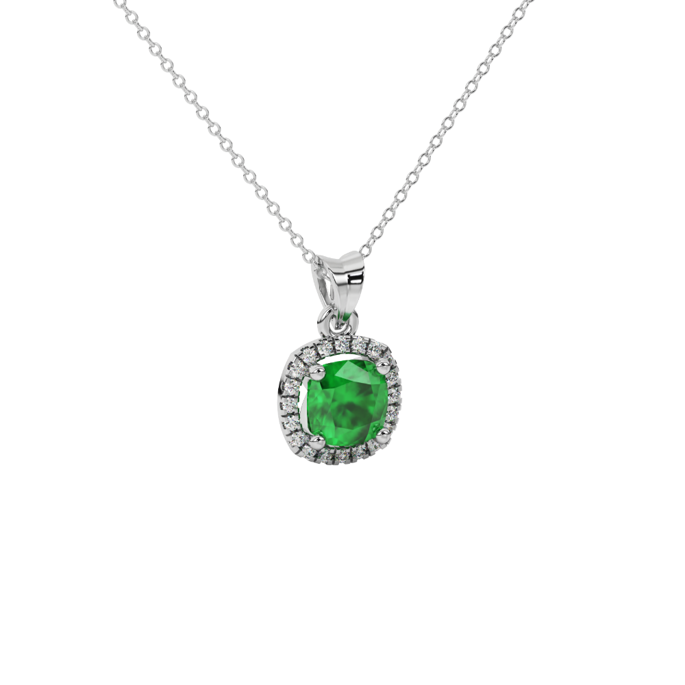 Green cushion cut gemstone halo pendant with diamond accents in gold