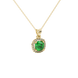 Green cushion cut gemstone halo pendant with diamond accents in gold