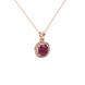Red cushion cut gemstone halo pendant with diamond accents in gold