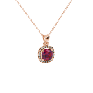 raspberry red gemstone halo pendant in rose gold
