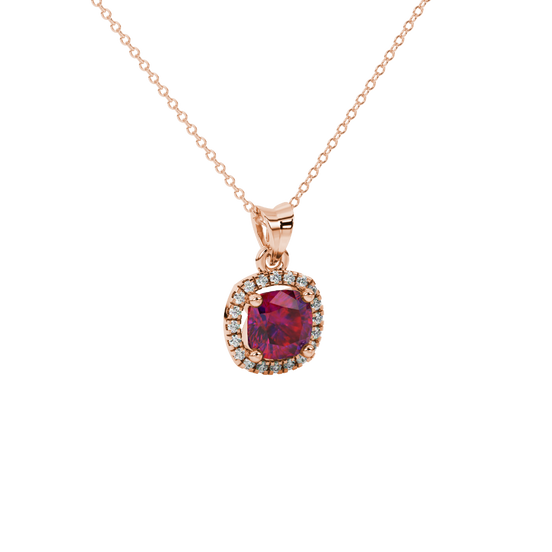 raspberry red gemstone halo pendant in rose gold
