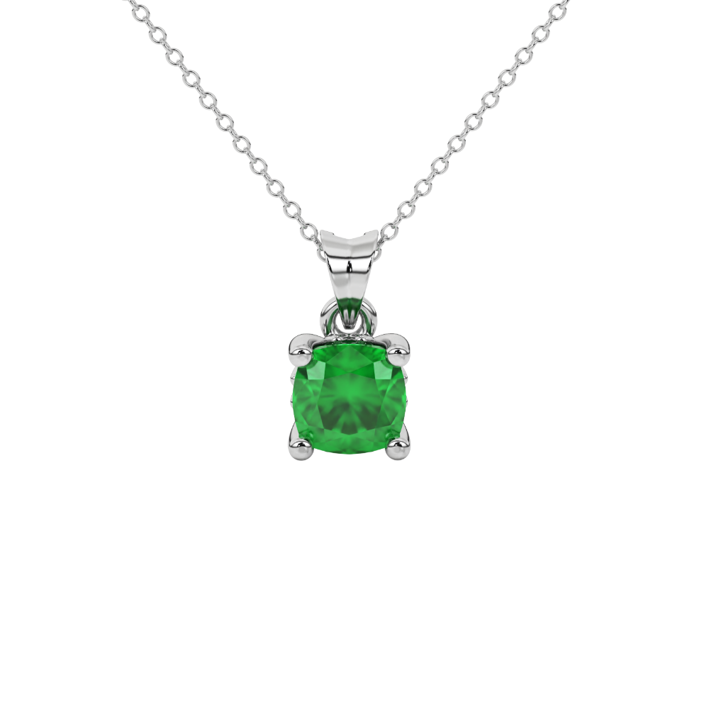 Green cushion cut solitaire gemstone pendant in gold with classic four prong setting