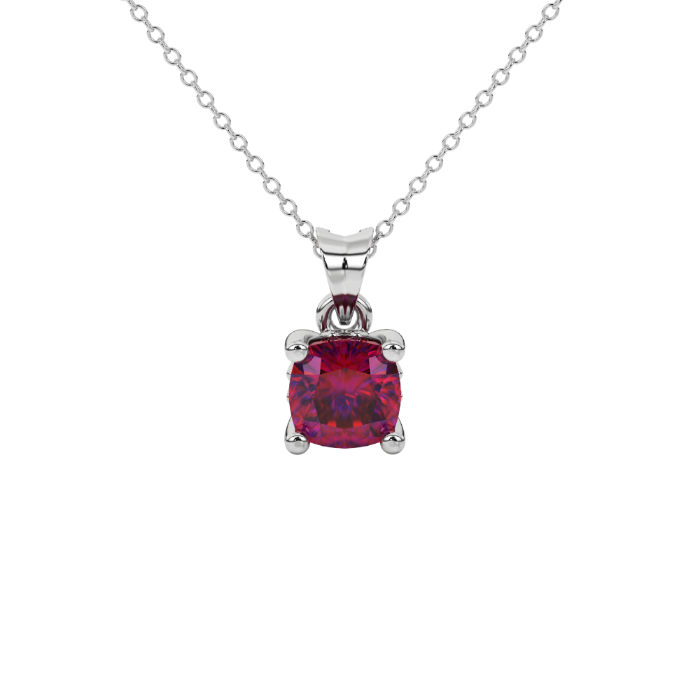 Red cushion cut solitaire gemstone pendant in gold with classic four prong setting