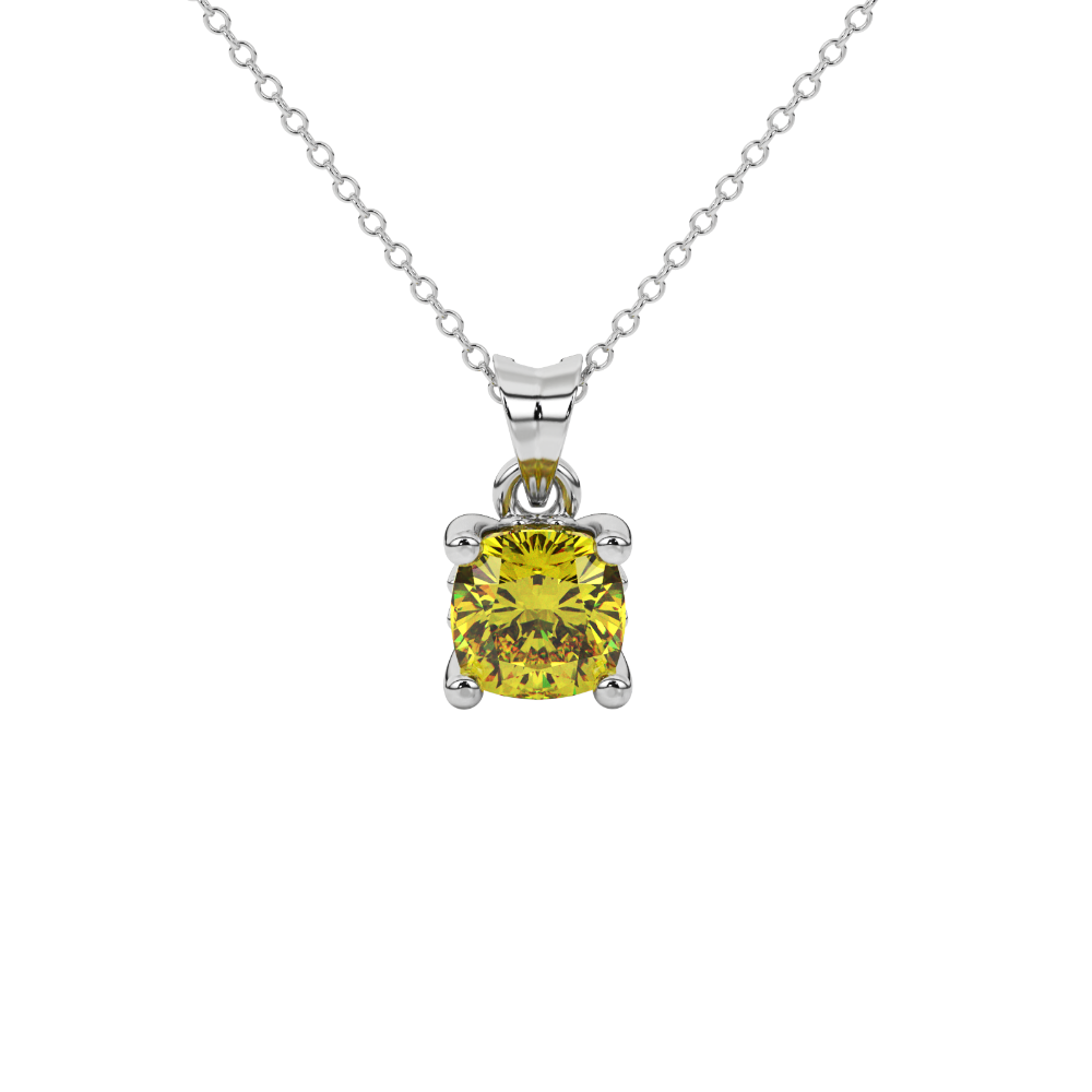 Yellow cushion cut solitaire gemstone pendant in gold with classic four prong setting