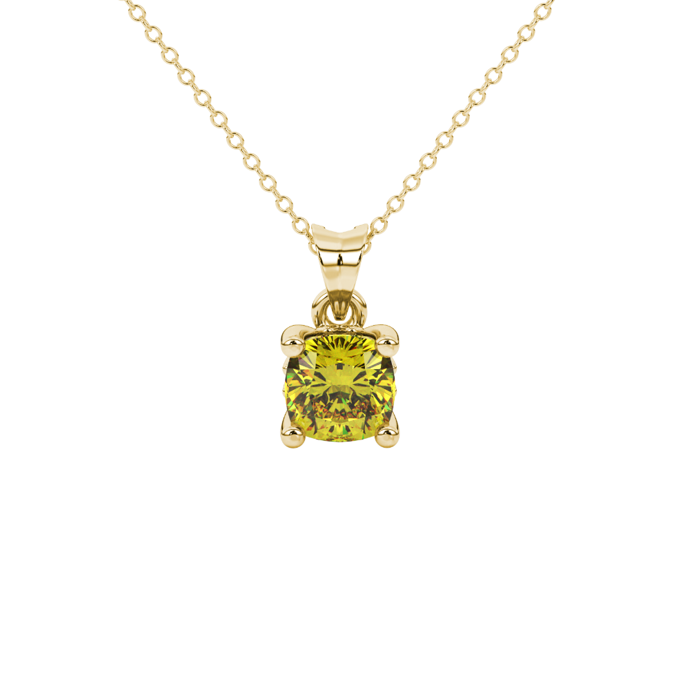 Yellow cushion cut solitaire gemstone pendant in gold with classic four prong setting