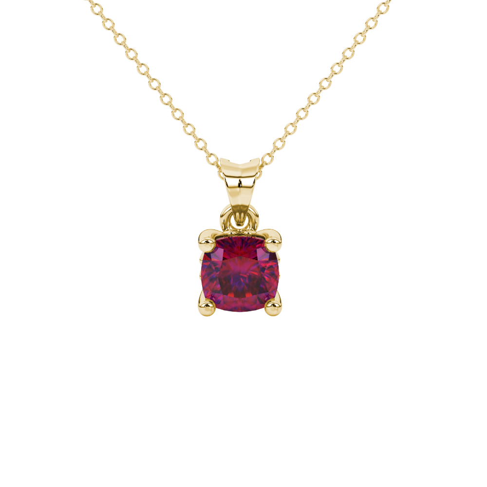 Red cushion cut solitaire gemstone pendant in gold with classic four prong setting