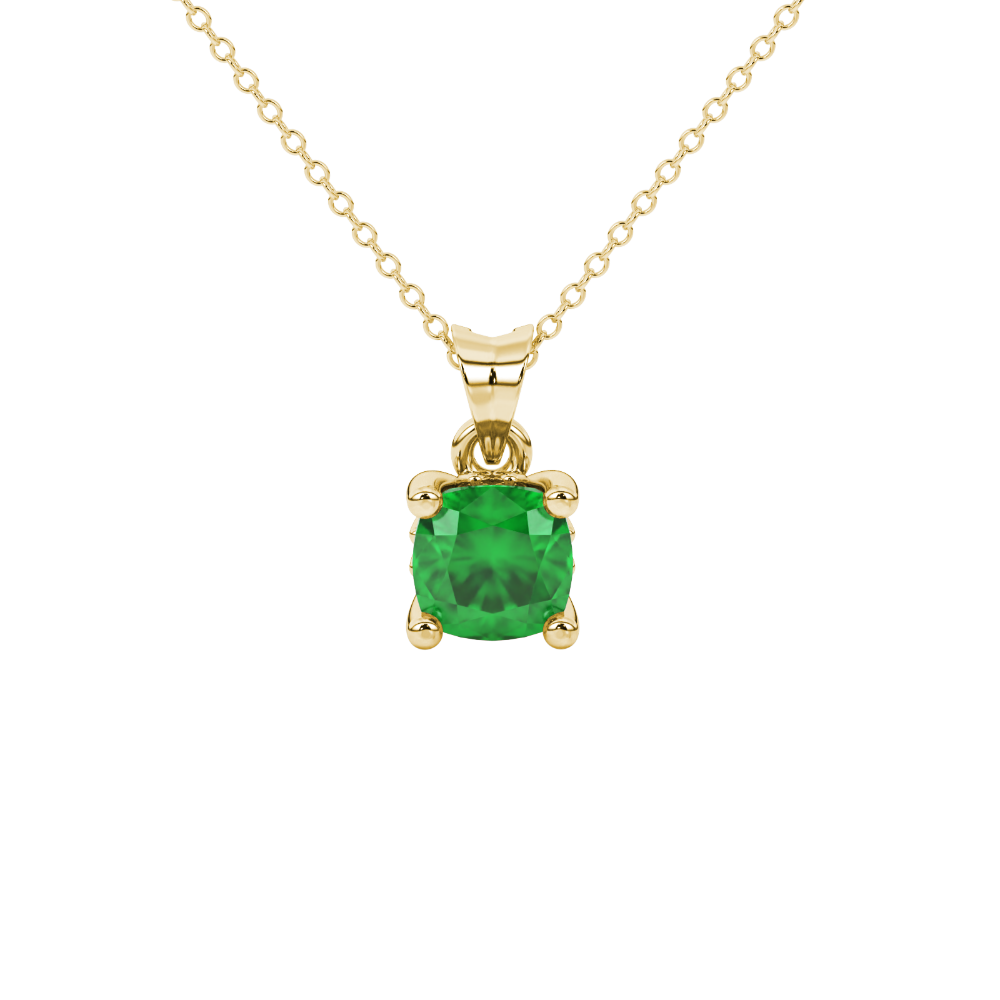 Green cushion cut solitaire gemstone pendant in gold with classic four prong setting