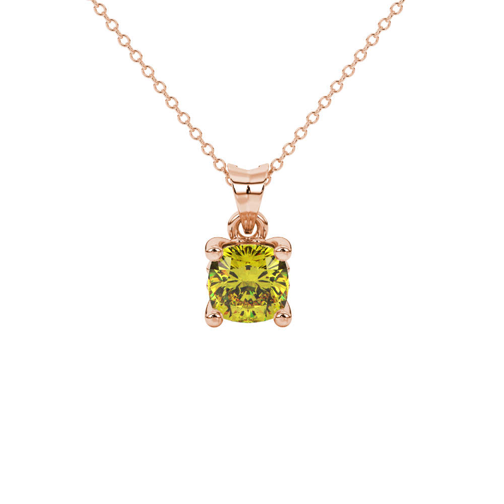 Yellow cushion cut solitaire gemstone pendant in gold with classic four prong setting