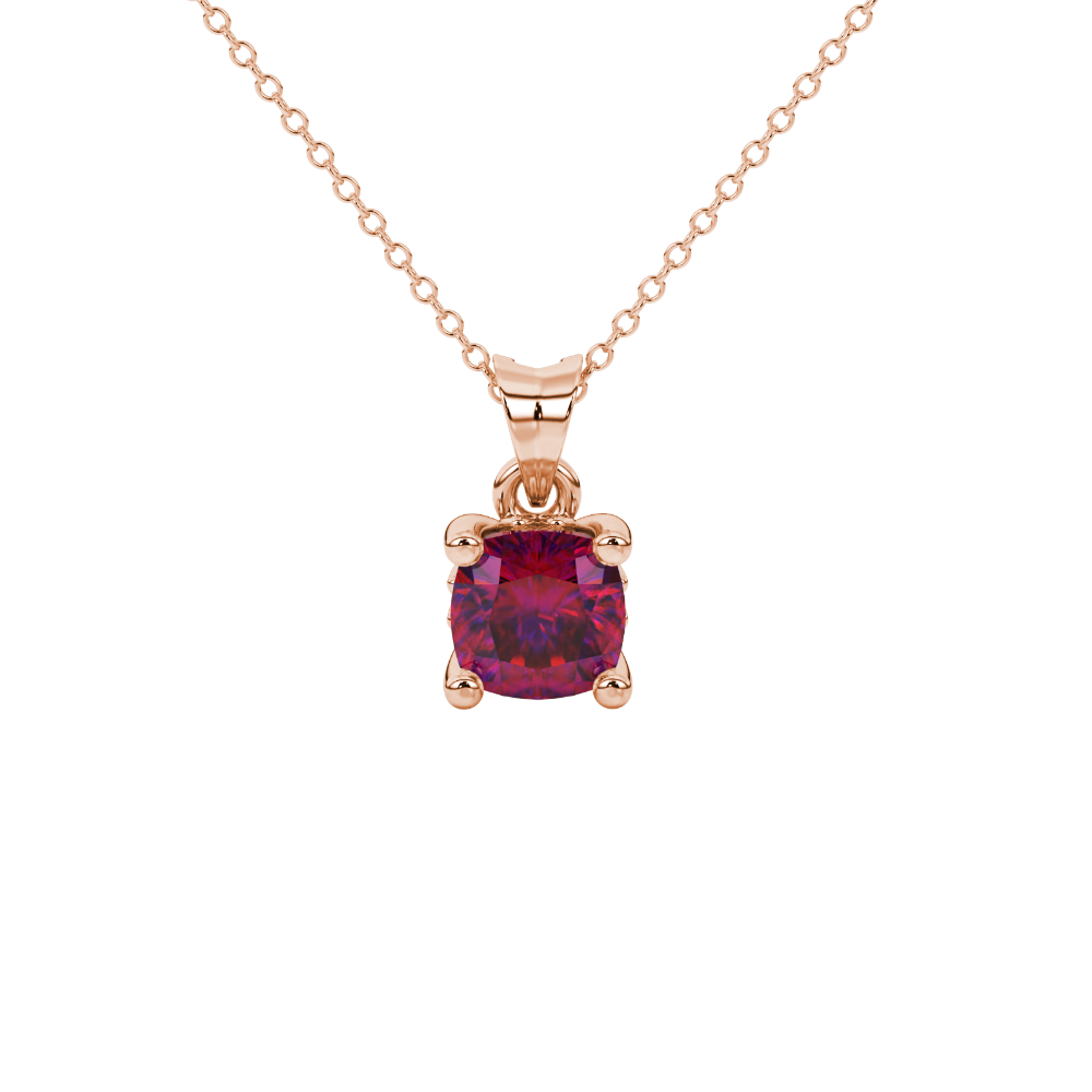 Red cushion cut solitaire gemstone pendant in gold with classic four prong setting