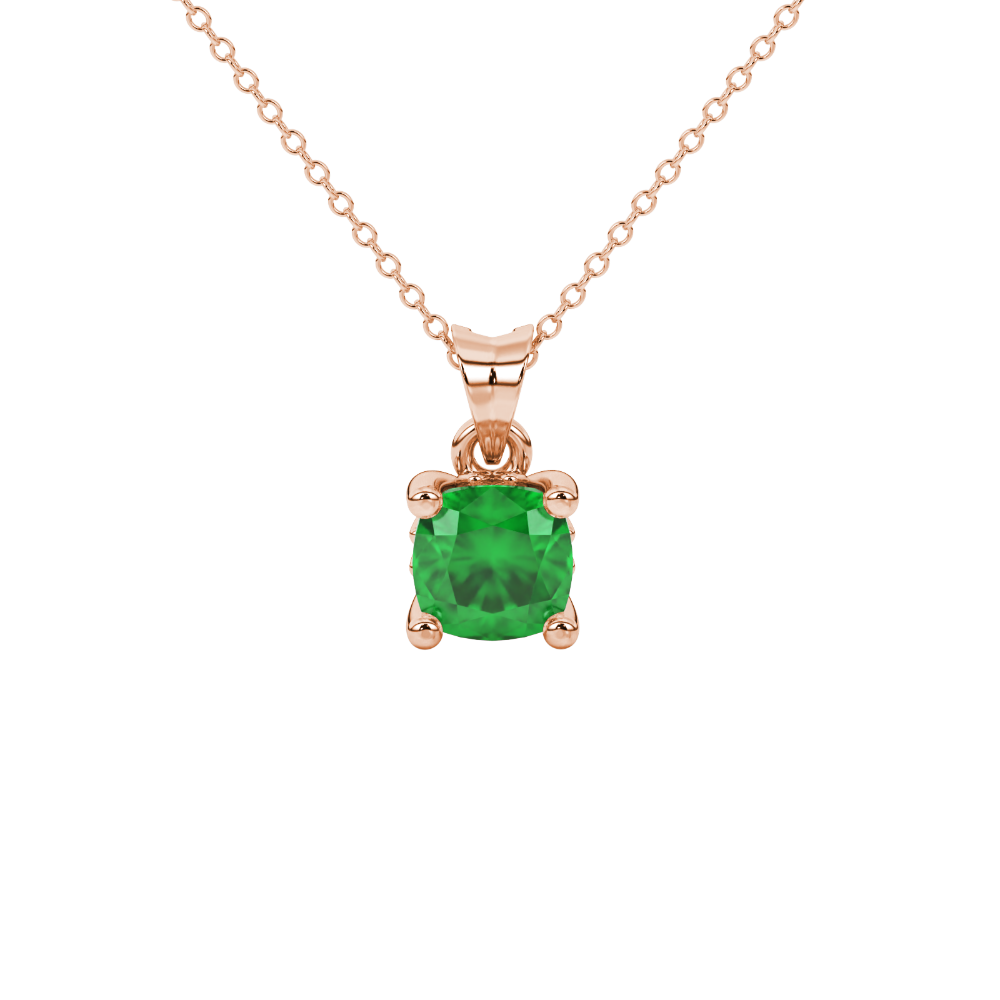 Green cushion cut solitaire gemstone pendant in gold with classic four prong setting
