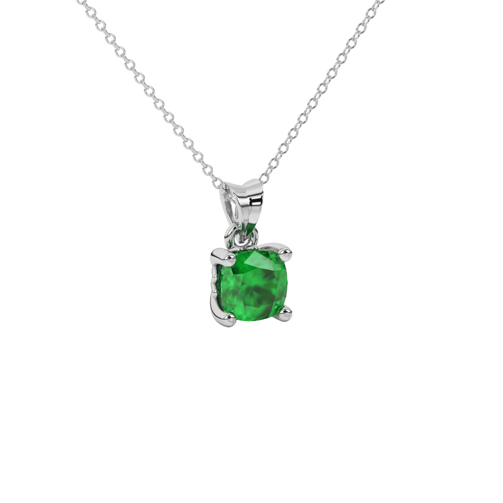 Green cushion cut solitaire gemstone pendant in gold with classic four prong setting