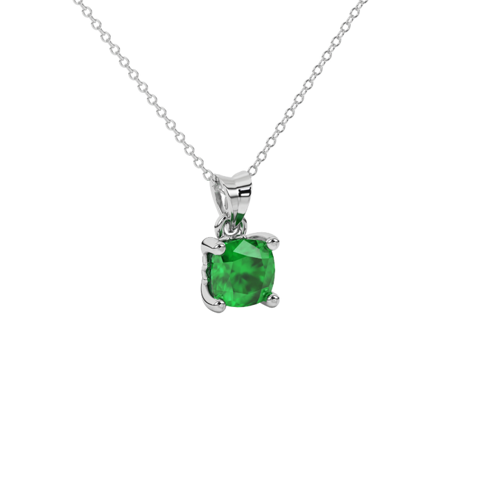 Green cushion cut solitaire gemstone pendant in gold with classic four prong setting