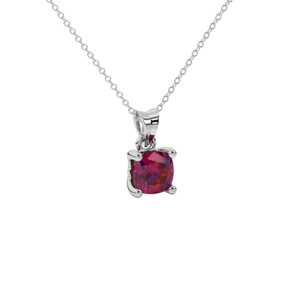 Red cushion cut solitaire gemstone pendant in gold with classic four prong setting