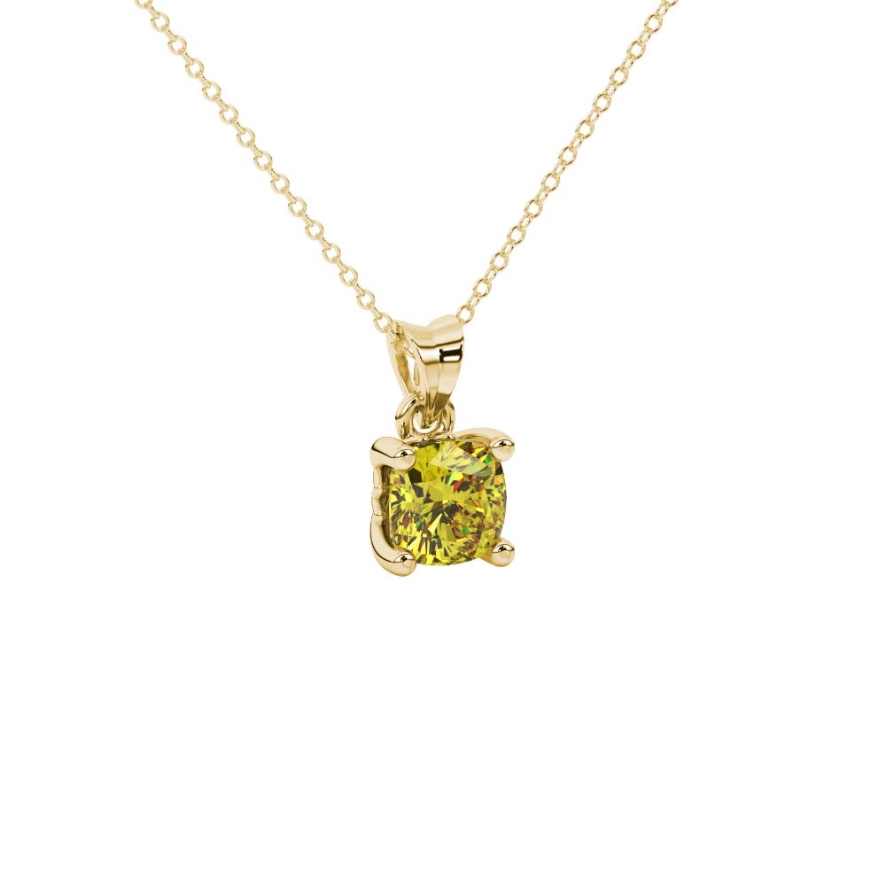 Yellow cushion cut solitaire gemstone pendant in gold with classic four prong setting